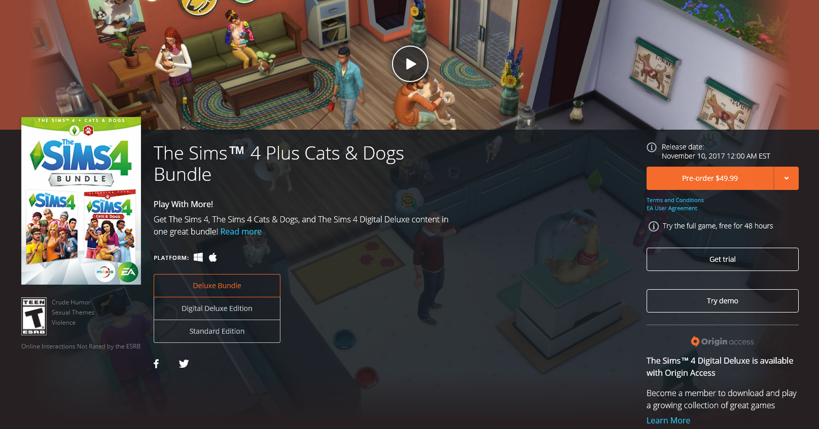 Pre-Order The Sims 4 Plus Cats & Dogs Bundle at Origin
